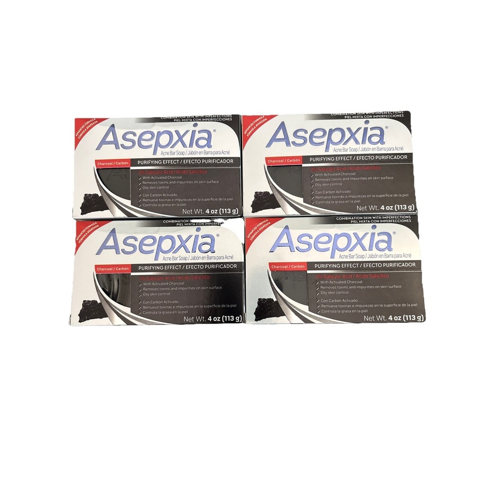 Asepxia‎ Charcoal Acne Bar Soap 2% Salicylic Acid Purifying Effect 4oz 4 Pack